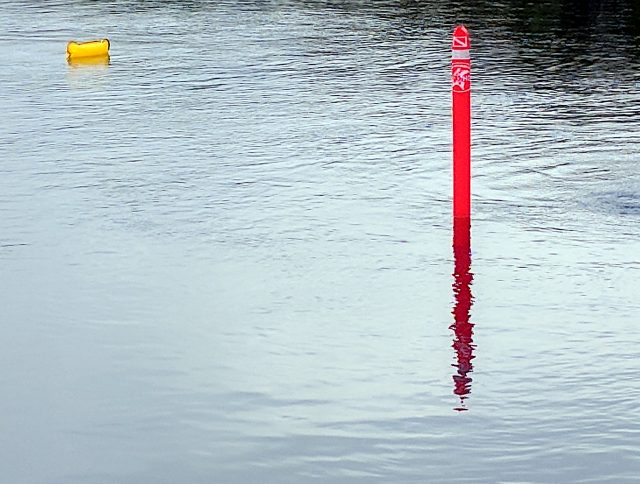 Inflatable buoy on surface of water.